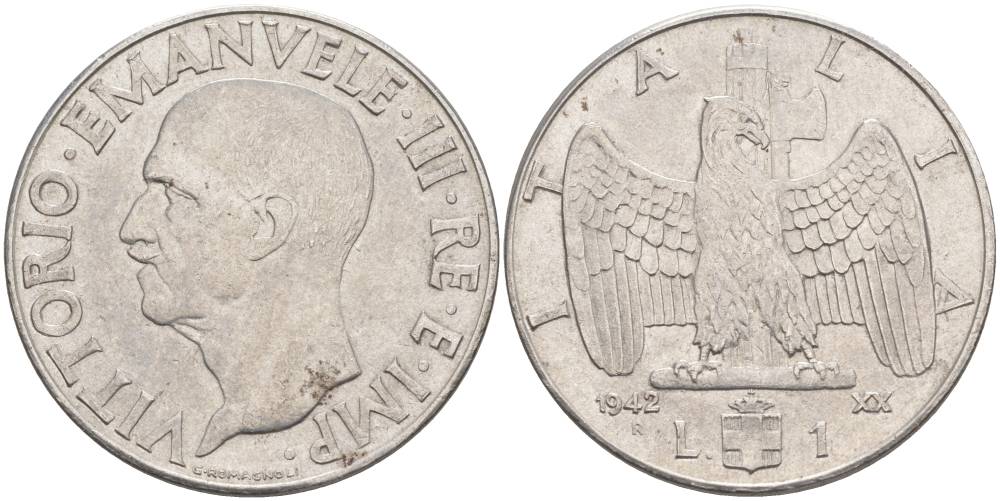 ИТАЛИЯ 1 ЛИРА 1942 R, ГОД XX, ВИКТОР ЭММАНУИЛ III (1900-1946) KM 77b, VEM3. 1102 нержавеющая сталь 3855-516