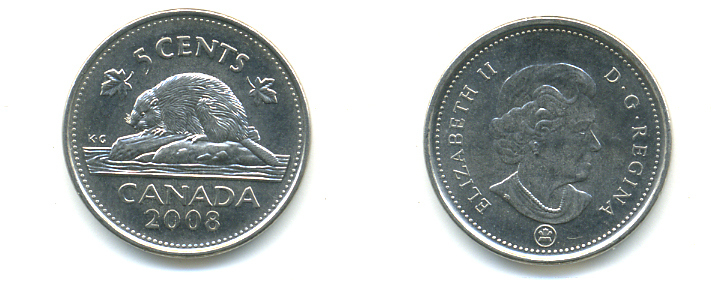 Канада 5 центов 2008 Елизавета II (1952-2022), бобер KM 491 сталь плакированная никелем 177-1267