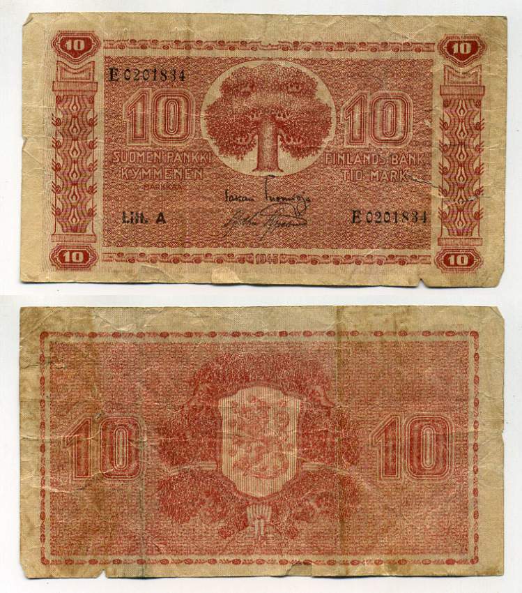 Финляндия 10 марок 1945 буква "А" Pick 77 a(16) бумага 450-54-1