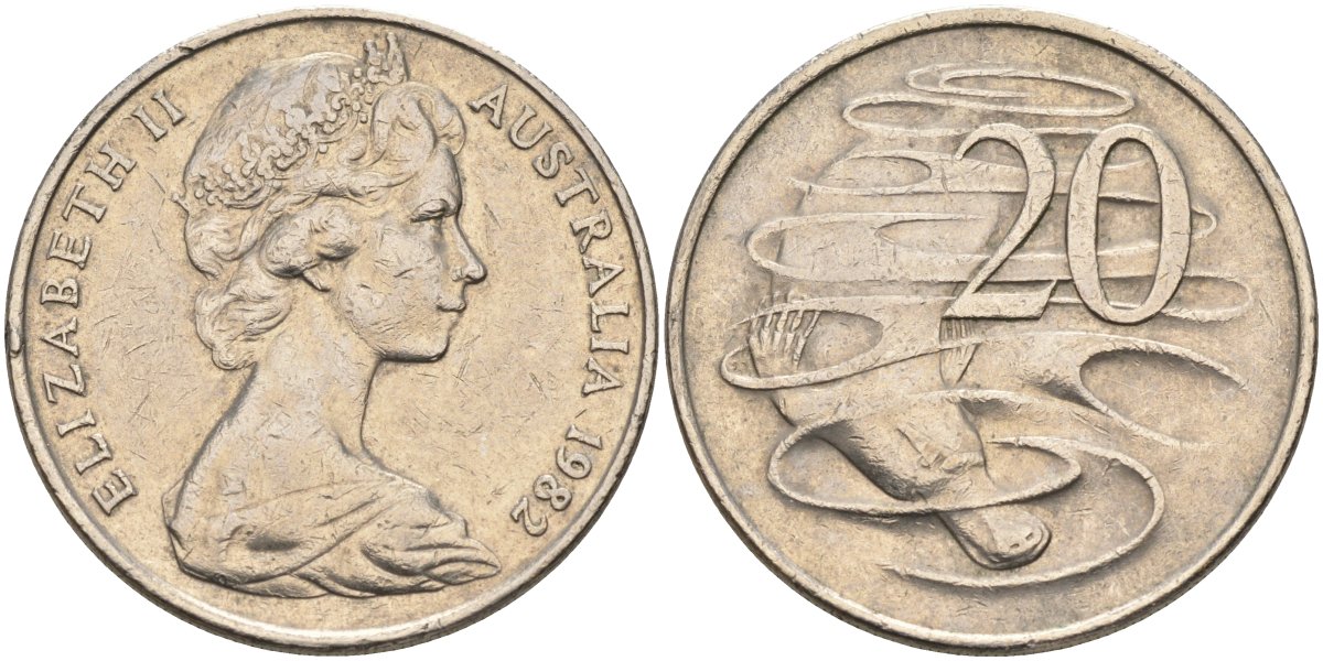 Австралия 20 центов 1982 Елизавета II (1952-), утконос KM 66 медно-никель 4131-924