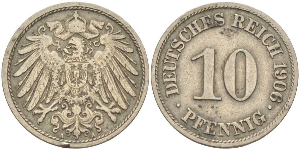 ГЕРМАНИЯ 10 ПФЕННИГОВ 1906 A KM 12, J. 13 медно-никель 34-746