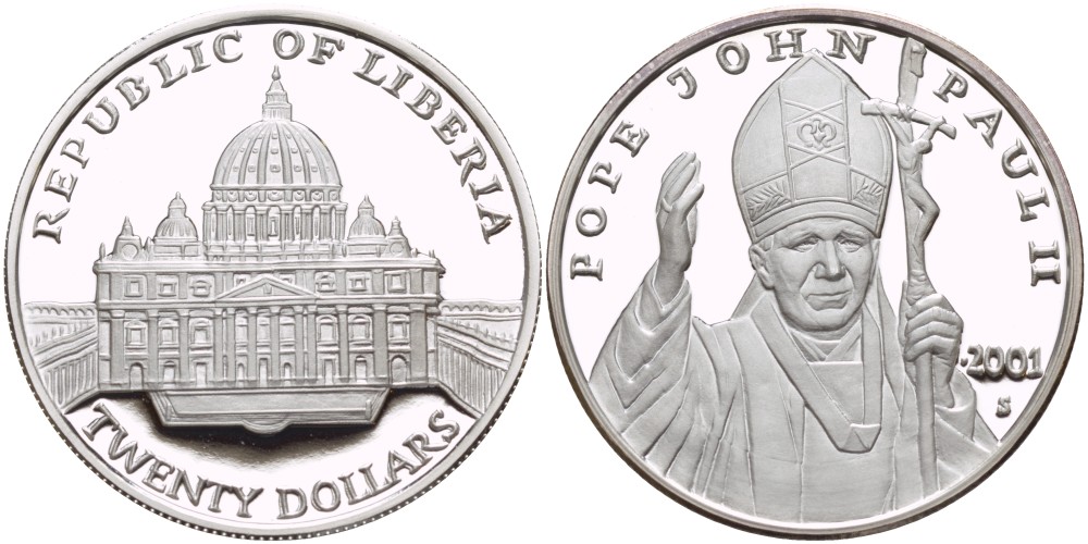 Либерия 20 долларов 2001 Папа Иоанн Павелл II KM 643 серебро PROOF 1087-4-72