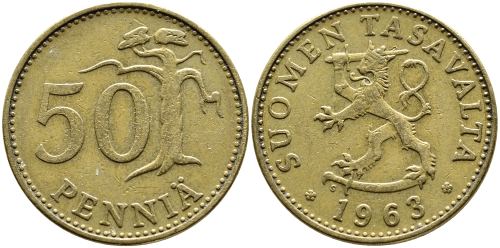 ФИНЛЯНДИЯ 50 ПЕННИ 1963 S KM 48 алюминиевая бронза 4364-2553