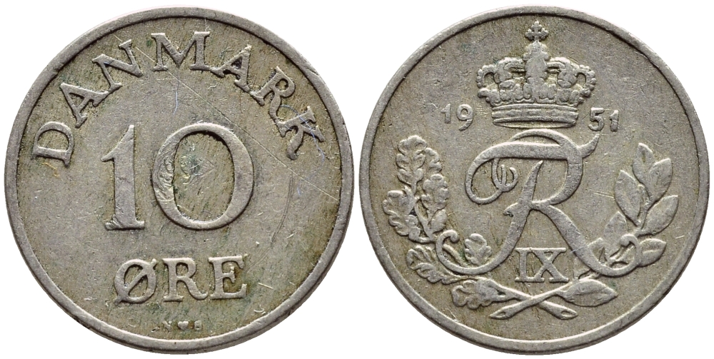 Дания 10 эре 1951 N; S, Фредерик IX (1947-1972) KM 841 медно-никель 4398-914