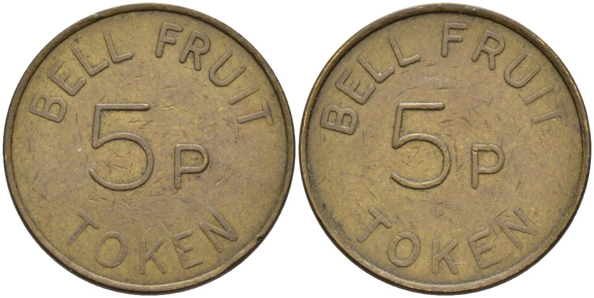 Англия игровой жетон ND 5 пенсов, BELL FRUIT, диаметр 22,92 мм., токен латунь 4584-854