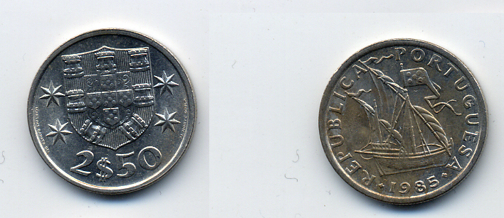 ПОРТУГАЛИЯ 2,5 ЭСКУДО 1985 ПАРУСНИК KM 590 медно-никель 29-545