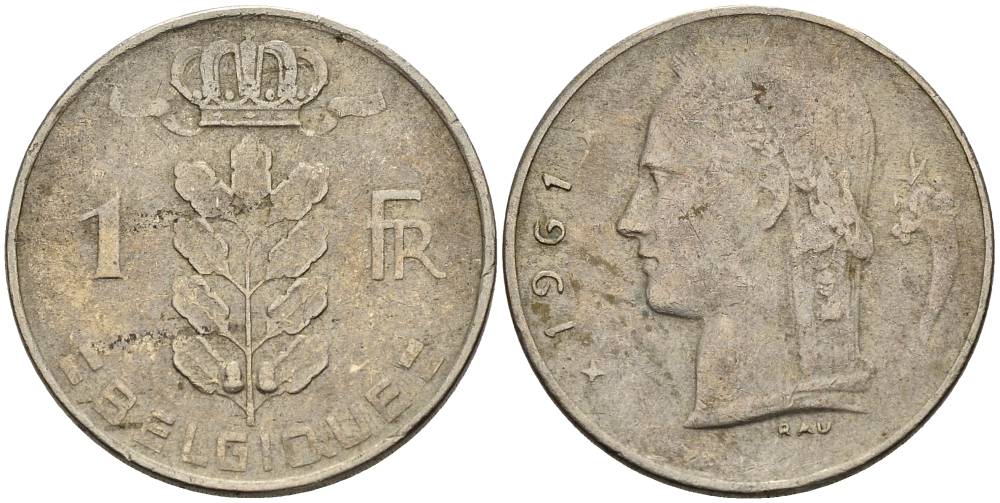 БЕЛЬГИЯ 1 ФРАНК 1961 BELGIQUE KM 142.1 медно-никель 4546-446