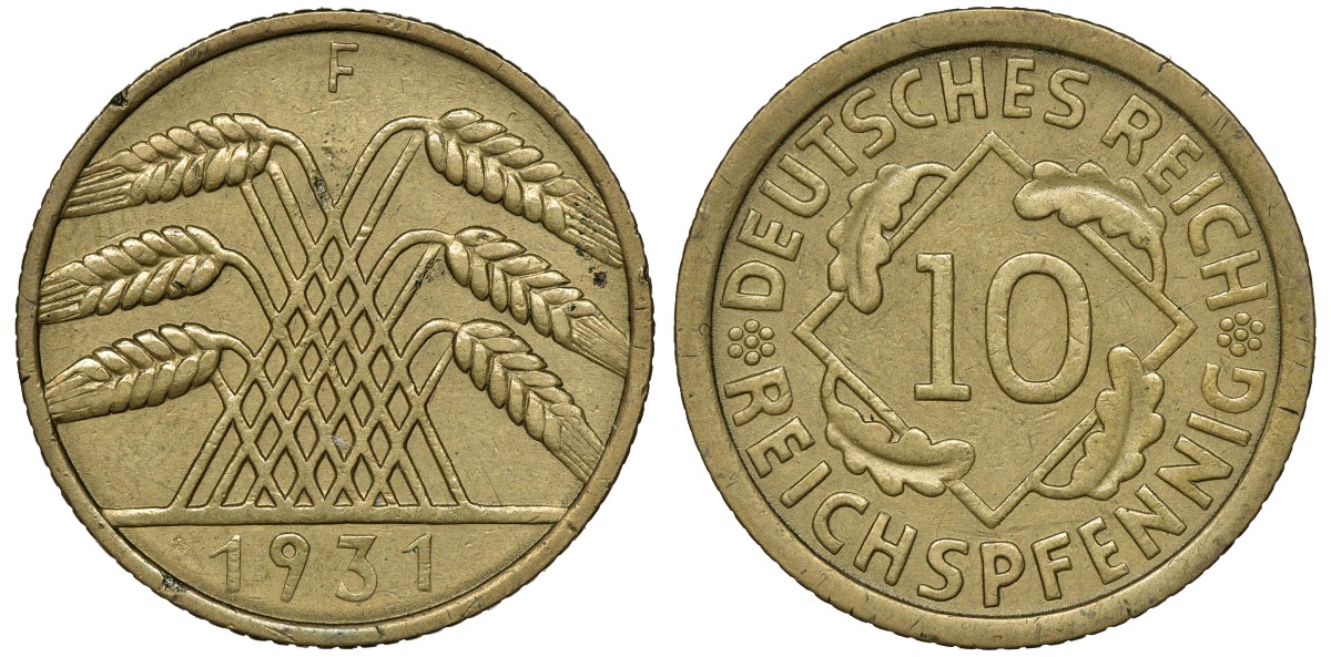 ГЕРМАНИЯ 10 РЕЙХСПФЕННИГОВ 1931 F цена по каталогу МТ 45 евро J. 317, KM 40 алюминиевая бронза 72-1725