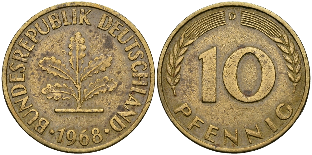 ФРГ 10 ПФЕННИГОВ 1968 D KM 108, J. 383 сталь плакированная латунью 540-735