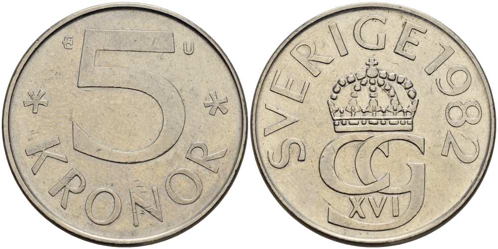 Швеция 5 крон 1982 U, Карл XVI Густав (1973- ) KM 853 медно-никель 4517-522