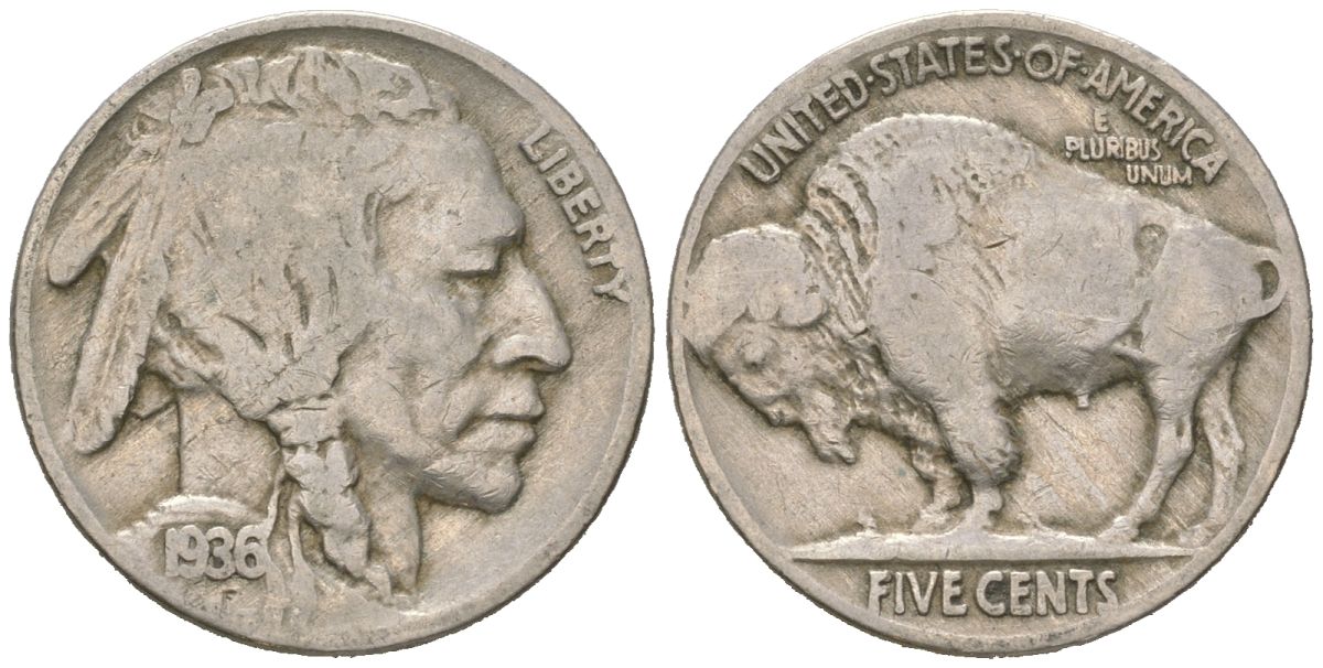 США 5 центов 1936 индеец, бизон KM 134 медно-никель 4614-1247