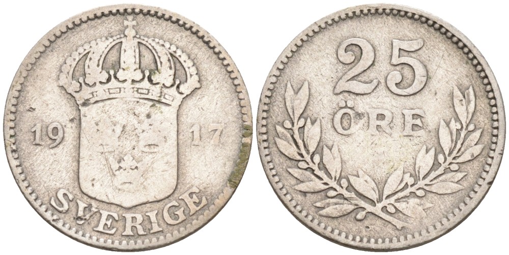 Швеция 25 эре 1917 W, Густав V (1907-1950) KM 785 серебро 4380-114