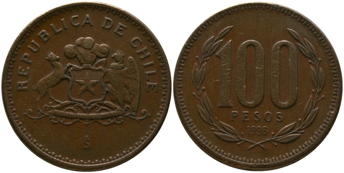 Чили 100 песо 1996 So KM 226.2, Schon 71 алюминиевая бронза 4544-1237