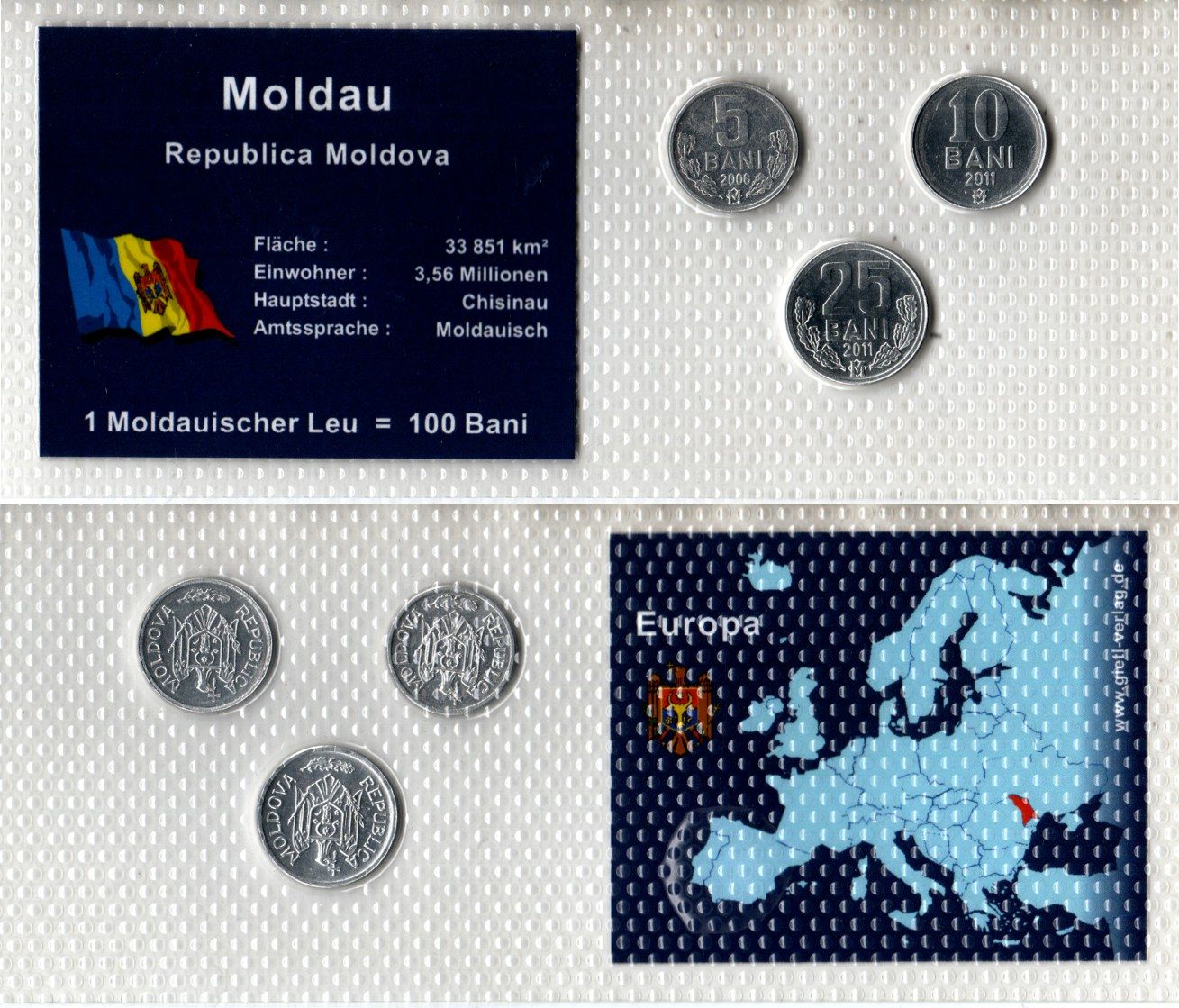 Молдавия (Молдова) набор из 3 монет (5, 10 и 25 бань (бани) 2006 и 2011 в красочной упаковке с информацией о стране KM 2, 3 и 7 алюминий UNC 2-6-3-87