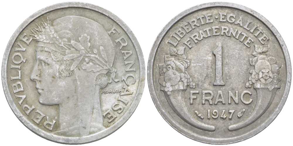 ФРАНЦИЯ 1 ФРАНК 1947 ТИП MORLON, LEGERE KM 885a.1, LE FRANC 221.11 алюминий 175-444