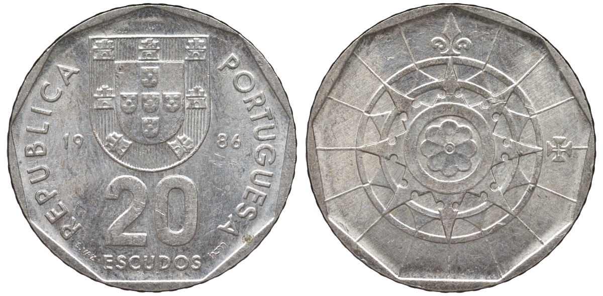 Португалия 20 эскудо 1986 KM 634 медно-никель 4142-1235