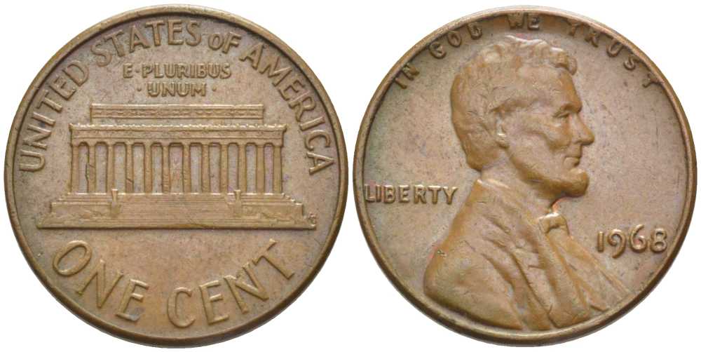 США 1 ЦЕНТ 1968 ЛИНКОЛЬН KM 201 медь цинк 116-623