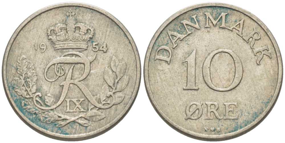 ДАНИЯ 10 ЭРЕ 1954 N; S, ФРЕДЕРИК IX (1947-1972) KM 841.1 медно-никель 4387-659
