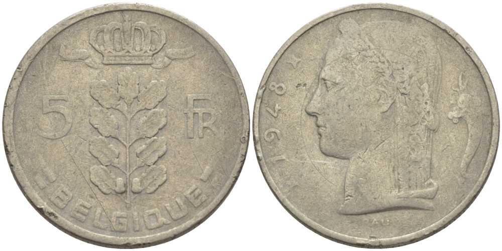 БЕЛЬГИЯ 5 ФРАНКОВ 1948 BELGIQUE, ЛЕОПОЛЬД III (1934-1950) KM 134.1 медно-никель 119-651
