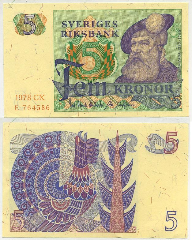 Швеция 5 крон 1978 CX, Густав I Ваза Pick 51d бумага aUNC 444-115-2