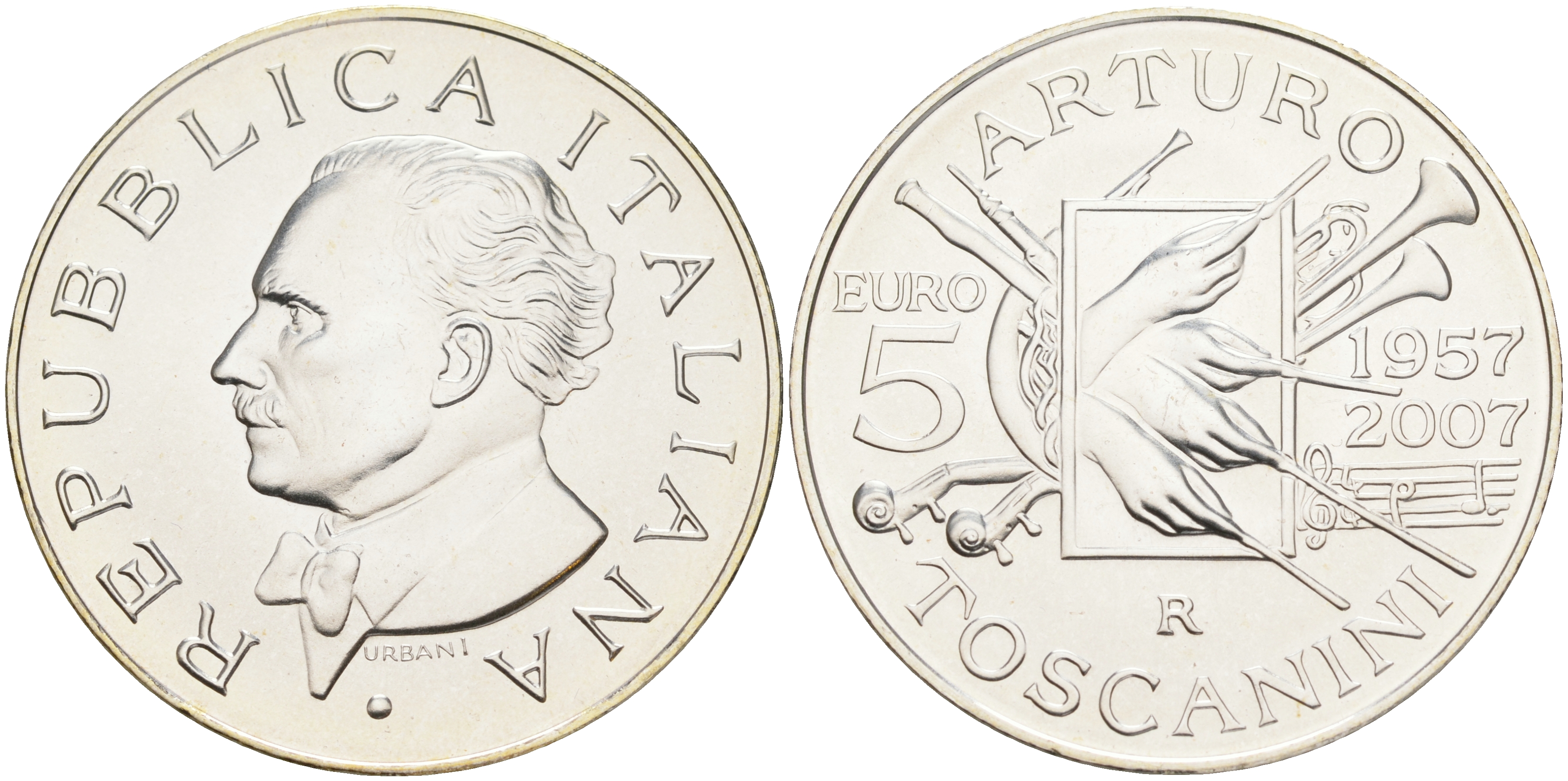 Италия 5 евро 2007 дирижер Артуро Тосканини, в оригинальной коробке, с сертификатом KM 324 серебро UNC 1-4-4-08