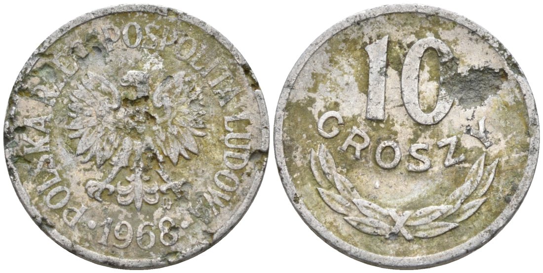 Польша 10 грошей 1968 MW KM АА47, Parchimowicz 206g алюминий 4564-1051