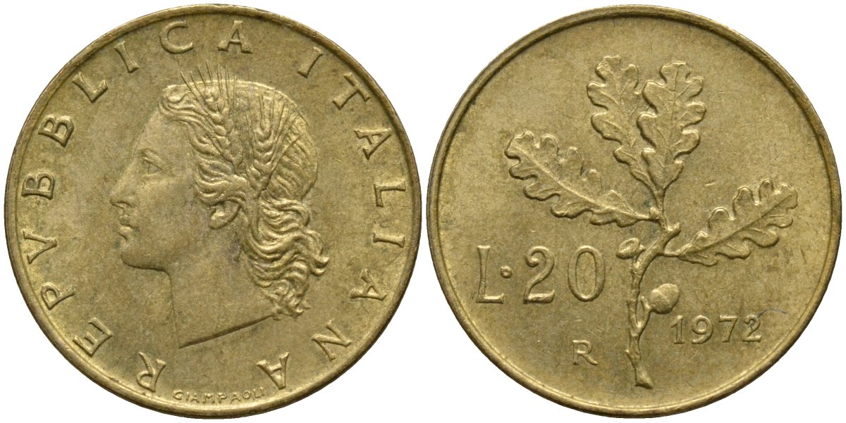 Италия 20 лир 1972 R, дубовая ветвь KM 97.2 алюминиевая бронза 4171-912