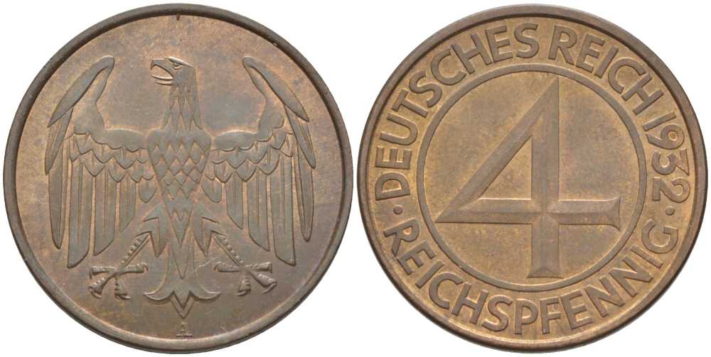 ГЕРМАНИЯ 4 РЕЙХСПФЕННИГА 1932 A, ВЕЙМАРСКАЯ РЕСПУБЛИКА KM 75, J.315, Weege 5 медь 202-232