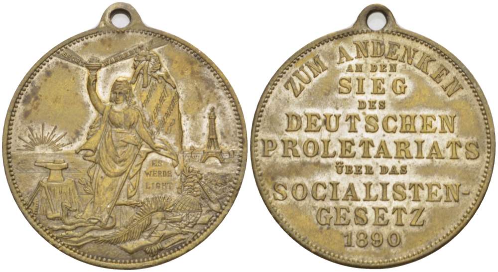 ГЕРМАНИЯ МЕДАЛЬ 1890 В ПАМЯТЬ О ПОБЕДЕ НЕМЕЦКОГО ПРОЛЕТАРИАТА НАД ЗАКОНОМ ПРОТИВ СОЦИАЛИСТОВ (SOCIALISM-GESETZ), С УШКОМ ДЛЯ НОШЕНИЯ, ДИАМЕТР 30 ММ., СЕРЕБРЕНИЕ жёлтый металл 4527-714