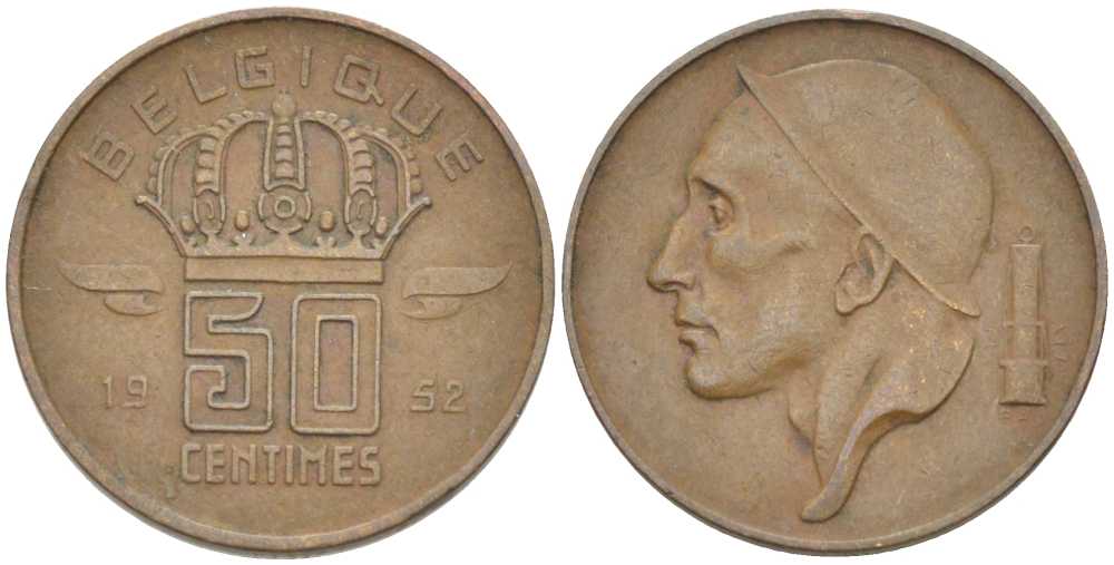 БЕЛЬГИЯ 50 САНТИМОВ 1952 BELGIQUE, БОДУЭН I (1951-1993) KM 144 бронза 206-159