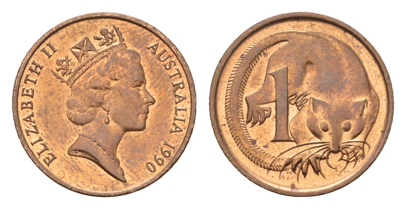 Австралия 1 цент 1990 Елизавета II (1952-2022), опоссум KM 78 бронза UNC 96-728