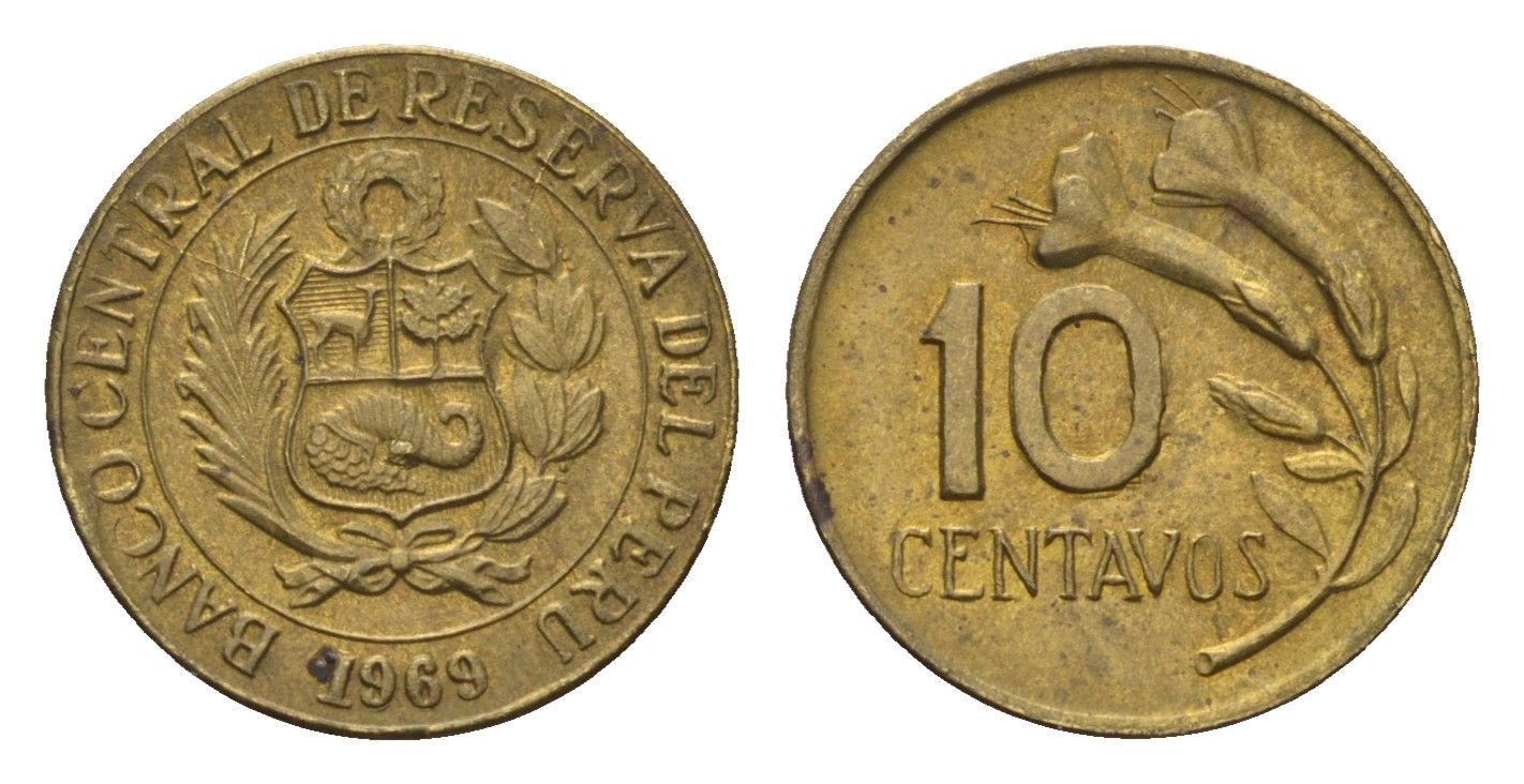 Перу 10 сентаво 1969 KM 245.2 латунь 4674-1014