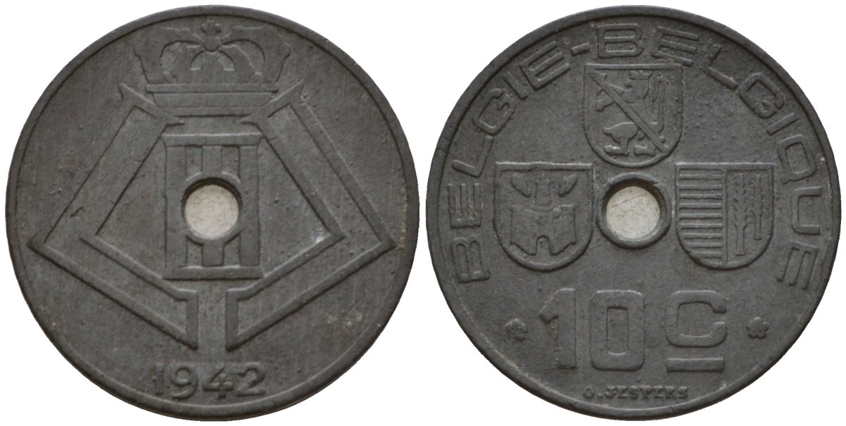 Бельгия 10 сантимов 1942 Belgie - Belgique KM 126 цинк 99-1118