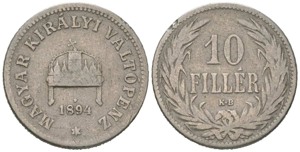 Венгрия 10 филлеров 1894 KB, Франц Иосиф I (1848-1916) KM 482 никель 4147-455
