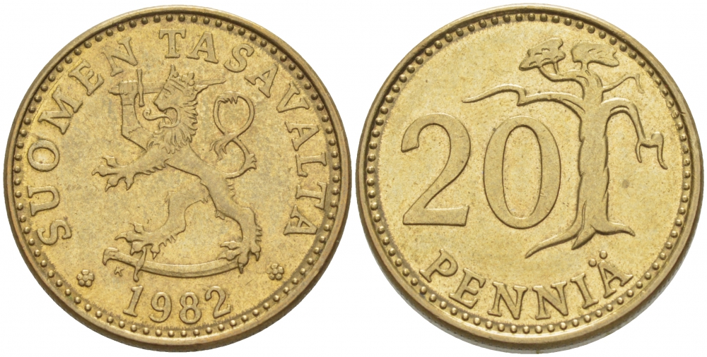 ФИНЛЯНДИЯ 20 ПЕННИ 1982 K KM 47 алюминиевая бронза 3718-523