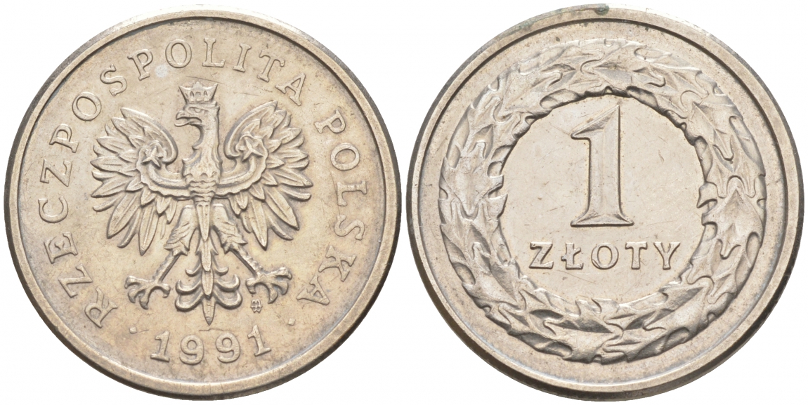 ПОЛЬША 1 ЗЛОТЫЙ 1991 MW KM 282 медно-никель 68-444