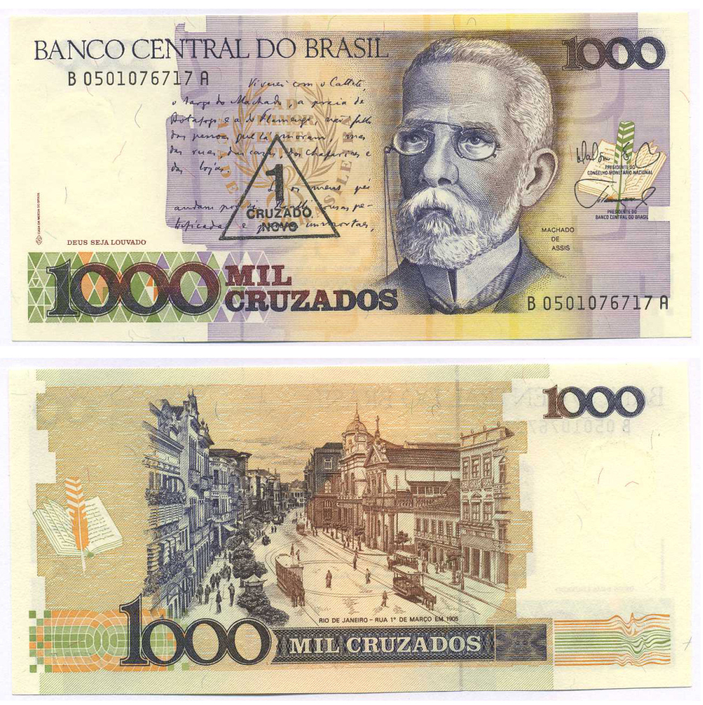 БРАЗИЛИЯ 1 КРУЗАДО 1989 СЕРИЯ В 0501, НАДПЕЧАТКА НА 1000 КРУЗАДО, МАЧАДО ДЕ АССИС Pick 216b бумага UNC (ПРЕСС) 8595-29-1-1