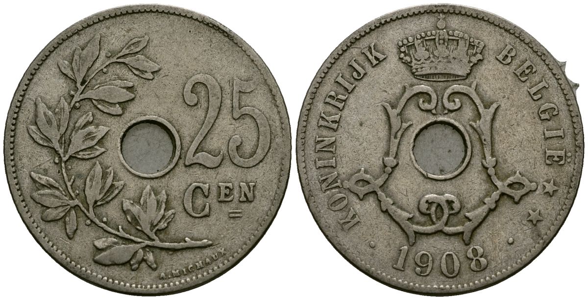 Бельгия 25 сантимов 1908 Belgie KM 63 медно-никель 4165-634
