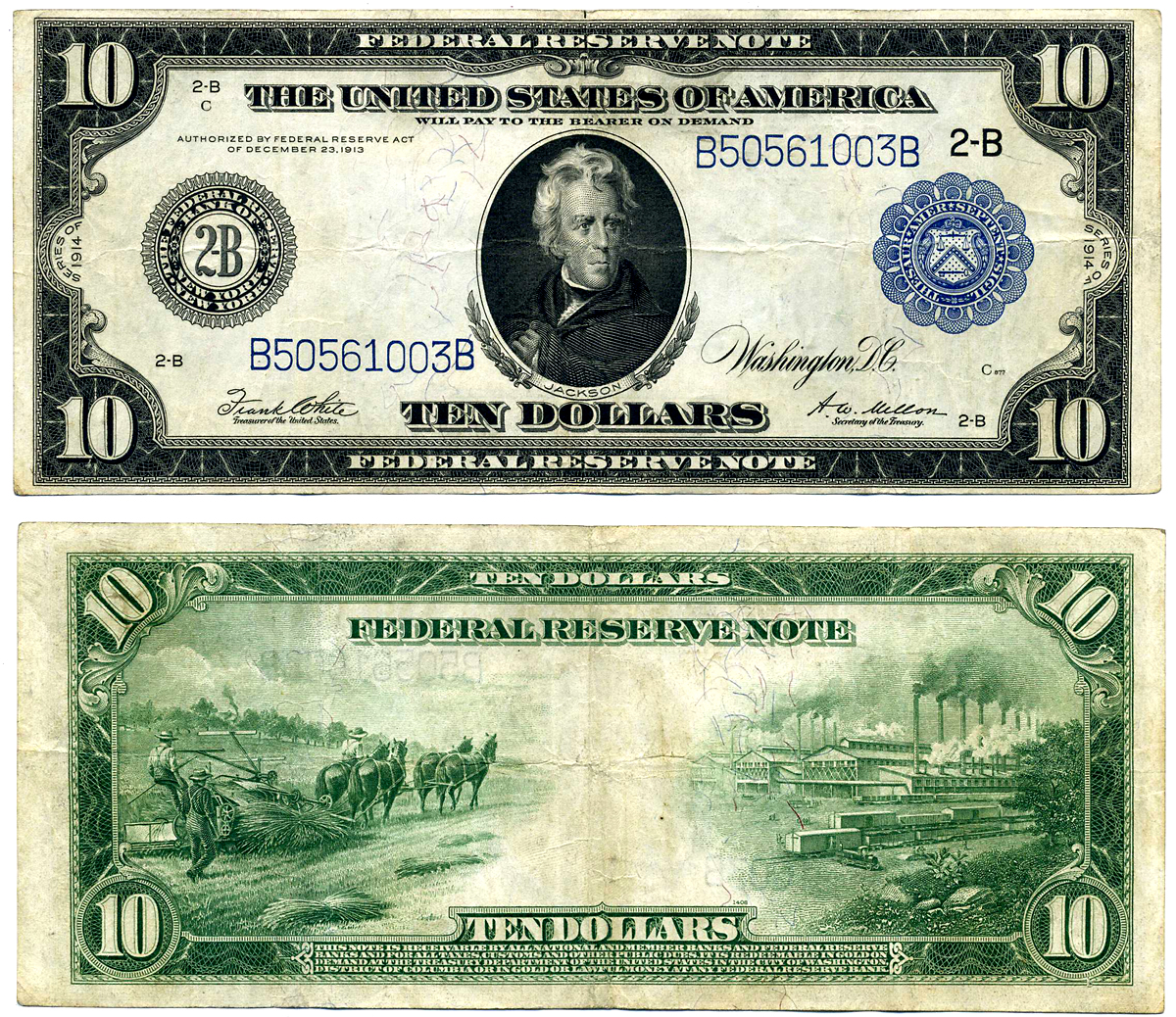 США 10 долларов 1914 серебряный сертификат, Президент Эндрю Джексон, Буква В (Нью-Йорк), подписи WHITE & MELLON, голубая серия Pick 360bB (4-2)  бумага  000-00-00