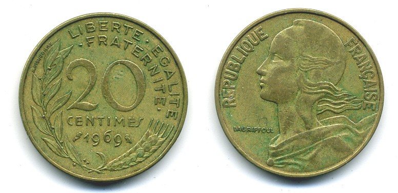 ФРАНЦИЯ 20 САНТИМОВ 1969 KM 930 медь алюминий никель 84-1444