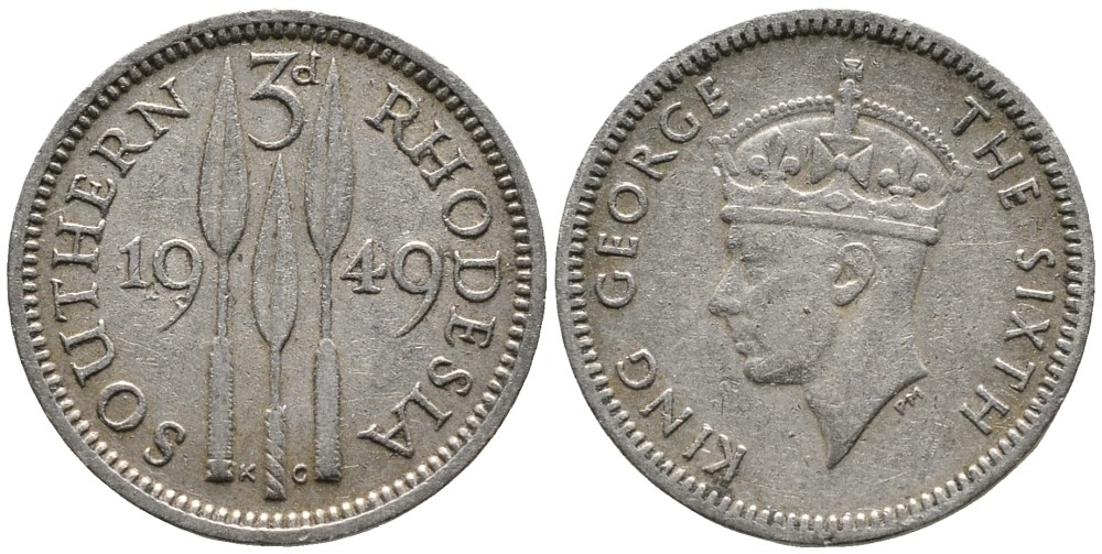 Британская Южная Родезия 3 пенса 1949 Георг VI (1936-1952) KM 20 медно-никель 4532-237