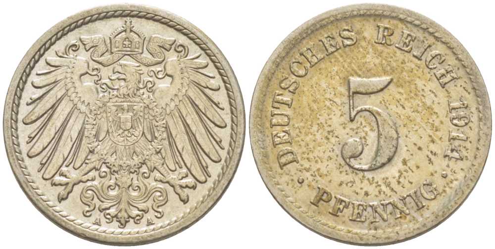 ГЕРМАНИЯ 5 ПФЕННИГОВ 1914 A KM 11, J. 12, Weege 6 медно-никель 206-1021