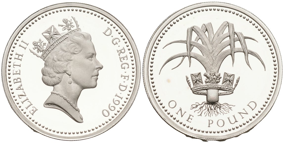 Великобритания 1 фунт 1990 Елизавета II (1952-2022), в оригинальной коробке, с сертификатом KM 941, Spink 4331 серебро  PROOF  6-5-3-04