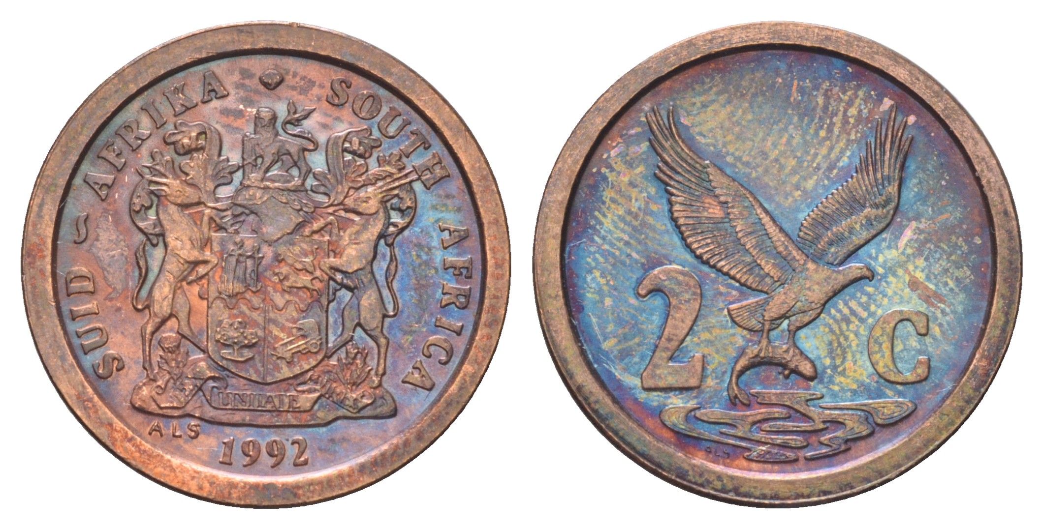 ЮАР 2 цента 1992 орел с рыбой KM 133 сталь плакированная медью UNC 4696-939
