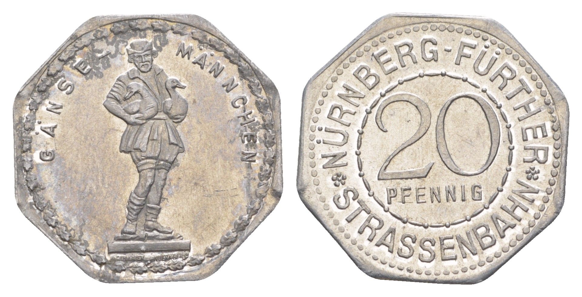 Нюрнберг трамвайный (транспортный) жетон в 20 пфеннигов ND (1920-1921) Фонтан Гусман (фермер с 2 гусями) Men05 19256.13, Men18 24102.13 алюминий UNC 4638-251