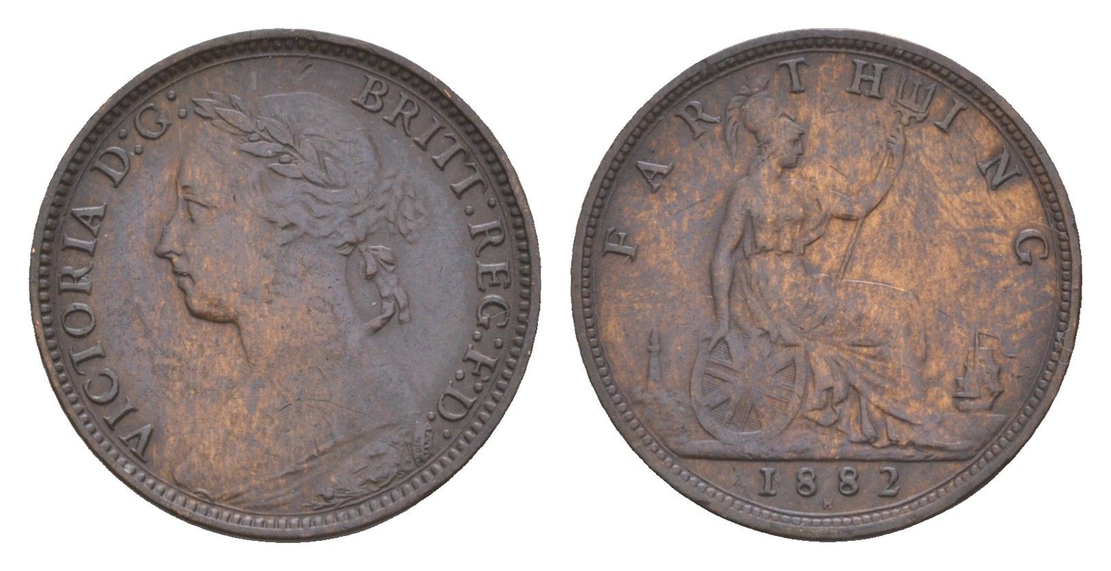 Великобритания 1 фартинг 1882 H, Виктория (1837-1901) KM 753, Spink 3959 бронза 1520-1141