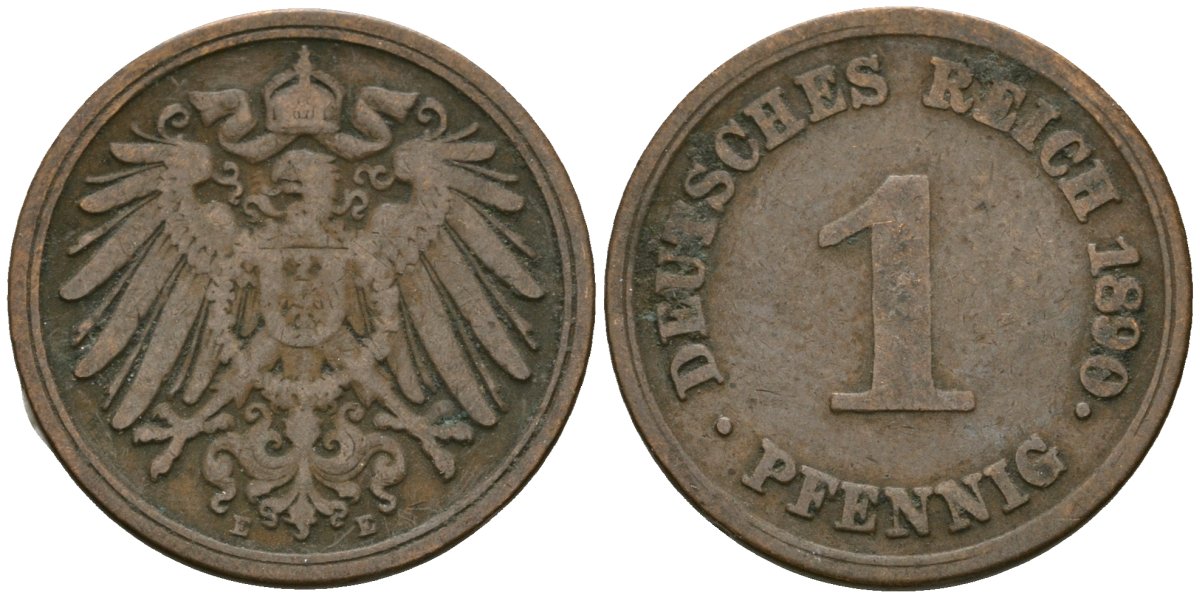 Германия 1 пфенниг 1890 E, Вильгельм II (1888-1918) KM 10, J. 10 медь 4608-154