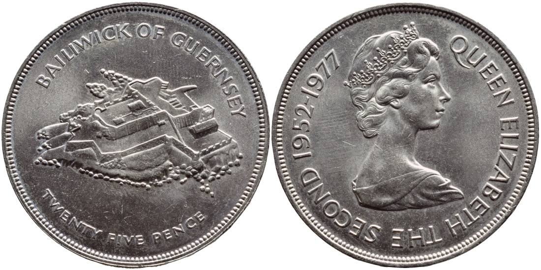 Гернси 25 пенсов 1977 25 лет правления Елизаветы II, крепость KM 31 медно-никель UNC 74-615