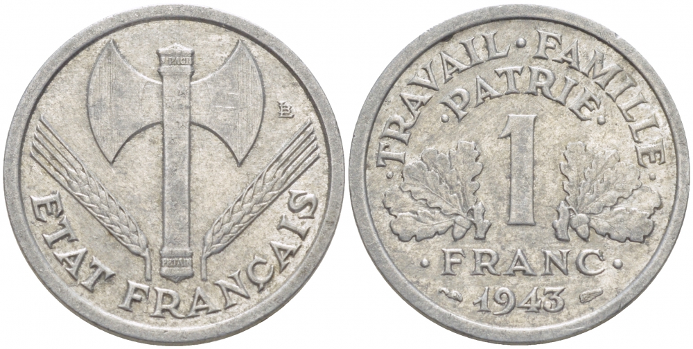 ФРАНЦИЯ 1 ФРАНК 1943 LB, ТИП LEGERE, ПРАВИТЕЛЬСТВО ВИШИ KM 902.1, LE FRANC 223.3 алюминий 4402-1024