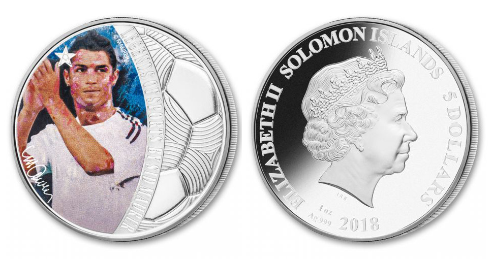 Соломоновы острова 5 долларов 2018 чемпионат мира по футболу в России, Криштиану Роналду, звезды футбола, сертификат KM NEW серебро PROOF 14-2-5